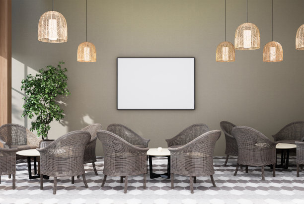 模拟海报框架在现代室内家具齐全的房间背景，咖啡厅，餐厅。图片下载