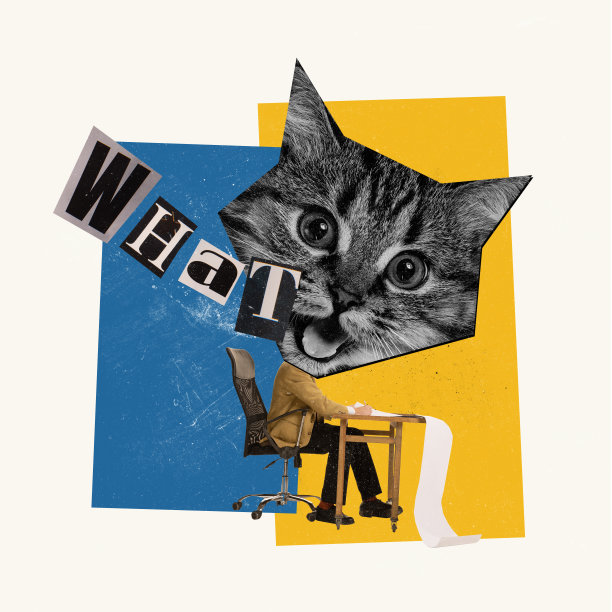 当代艺术拼贴。有思想的商人，长着大猫的嘴形脑袋，坐在办公桌前处理商业文件图片下载