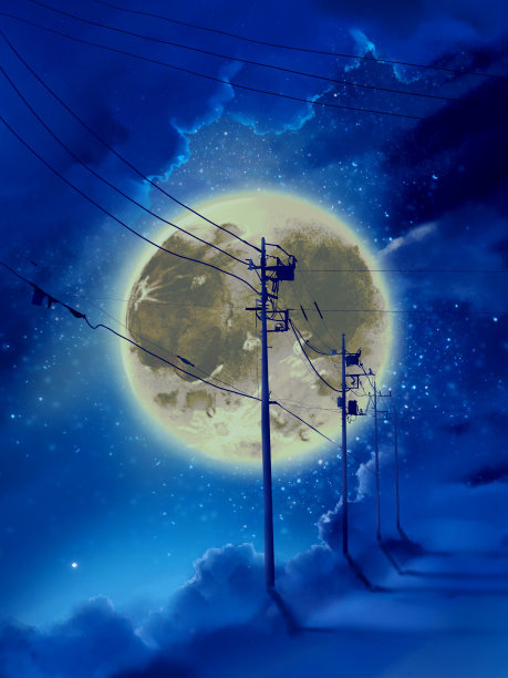 幻想背景插图，单色轮廓的电线杆通向地平线，星星在夜空中闪耀，满月图片下载