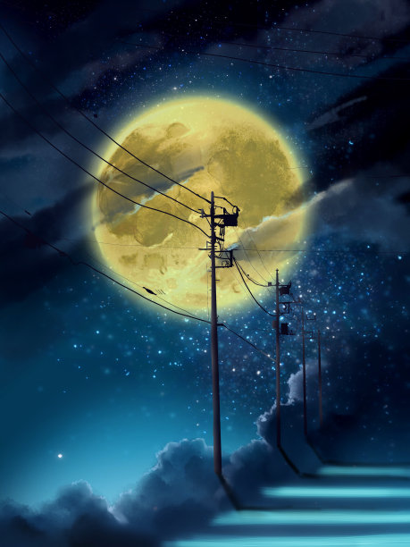 幻想背景插图，单色轮廓的电线杆通向地平线，星星在夜空中闪耀，满月图片下载