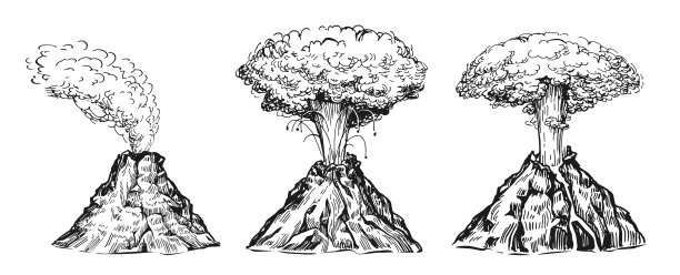 山地火山活动带有岩浆和烟雾。自然灾害，火山喷发带熔岩。素描的向量图片下载