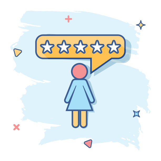 漫画风格的客户评论、用户反馈图标，星级评定飞溅效果概念插画图片下载
