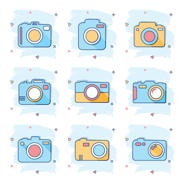 矢量卡通照片相机设置图标的漫画风格。摄影师相机标志插图象形图。相机商务溅射效果概念。图片下载