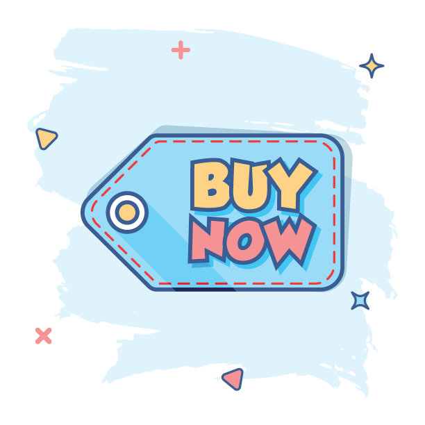 矢量卡通购买现在购物图标在漫画风格。现在购买标志插图象形文字。折扣商务溅射效应概念。图片下载