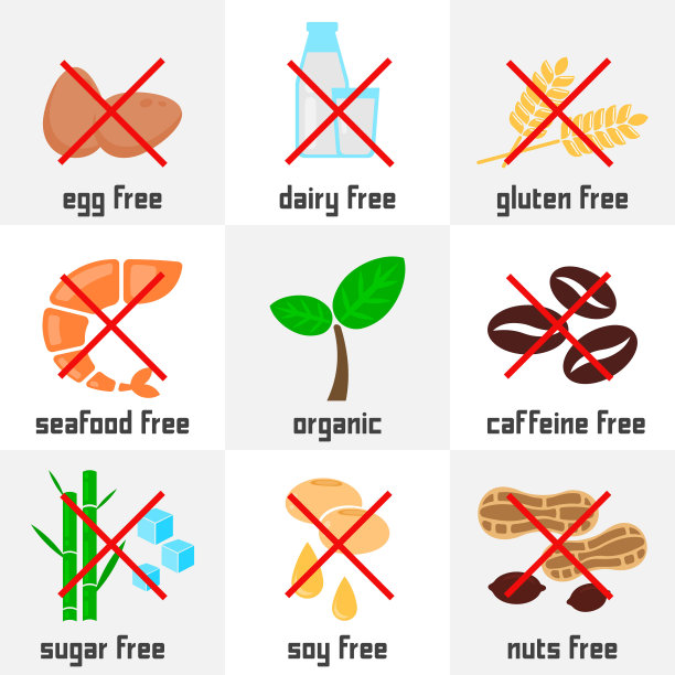过敏食物图标设置。鸡蛋、牛奶、小麦、虾、植物、咖啡豆、甘蔗、大豆油、花生的平面设计插画。图片下载