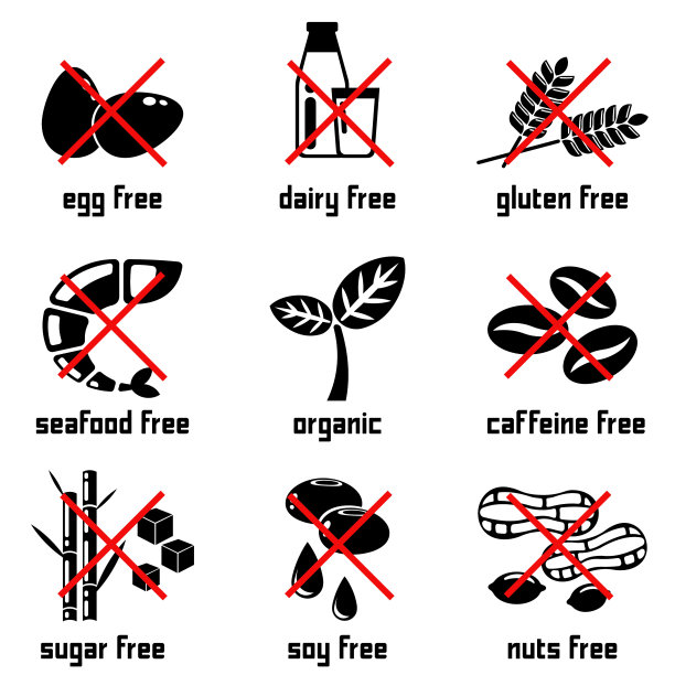 过敏食物黑白图标设置。鸡蛋、牛奶、小麦、虾、植物、咖啡豆、甘蔗、大豆油、花生的平面设计插画。图片下载