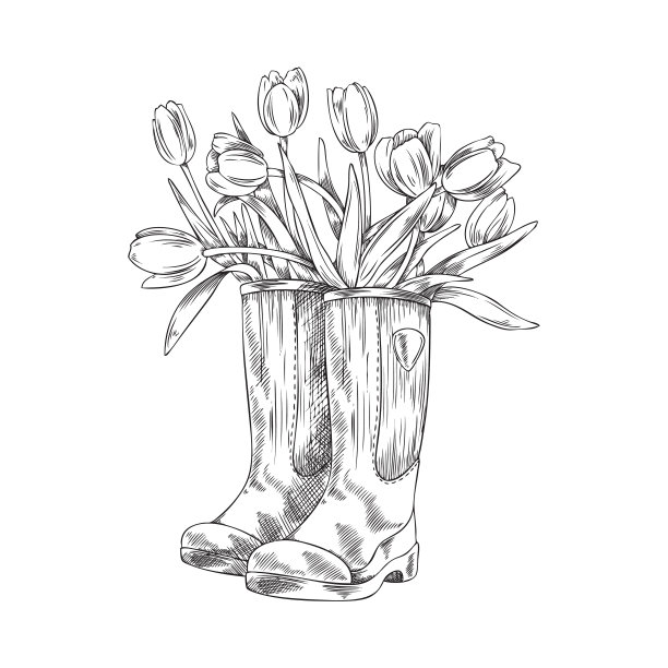 手绘郁金香的长筒胶靴图片下载