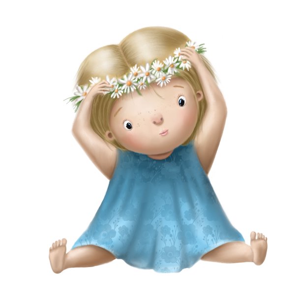 可爱的小女孩与洋甘菊夏季花环手绘剪贴画图片下载