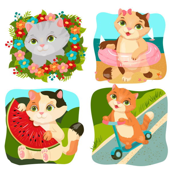 一组可爱的猫。动物是休息，做运动或爱好。宠物。小猫。矢量插图。图片下载