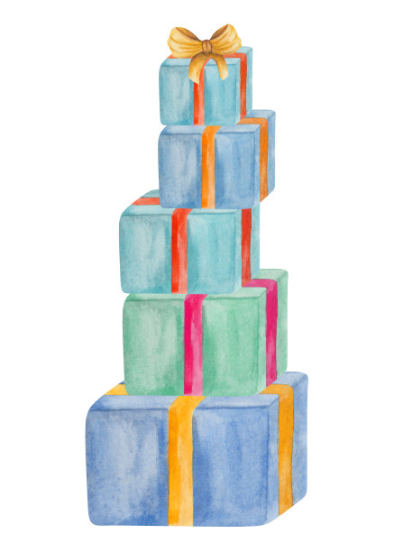 水彩插图手绘礼盒与金黄色的蝴蝶结。五彩缤纷的礼物盒子。孤立在白色剪贴艺术元素的生日明信片，婚礼邀请，贺卡图片下载