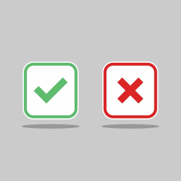 检查和错误标记，勾选和交叉标记，接受/拒绝，批准/不批准，是/否，对/错，绿色/红色，正确/错误，Ok/不Ok -矢量标记符号，绿色和红色。孤立的图标。图片下载