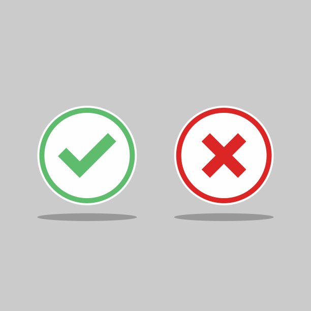 检查和错误标记，勾选和交叉标记，接受/拒绝，批准/不批准，是/否，对/错，绿色/红色，正确/错误，Ok/不Ok -矢量标记符号，绿色和红色。孤立的图标。图片下载
