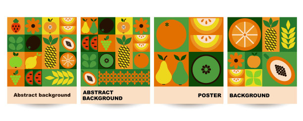 包豪斯水果海报。抽象的几何食物，鲜艳的绿色和橙色图案，形式简单。自然有机的背景，现代的旗帜或卡片，农业设计。矢量图图片下载