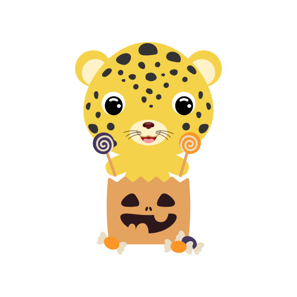 可爱的万圣节猎豹坐在不给糖就捣蛋的袋子里。卡通动物形象的儿童t恤，幼儿园装饰，婴儿淋浴，贺卡，邀请。向量股票插图图片下载