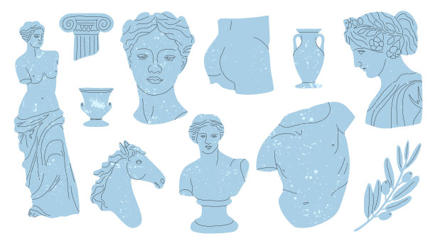 古董大理石雕像。希腊或罗马雕塑，众神和女神。手绘蓝色身体部位和面部纹理，经典雕像，男人女人柱和花瓶，矢量卡通平面设置图片下载
