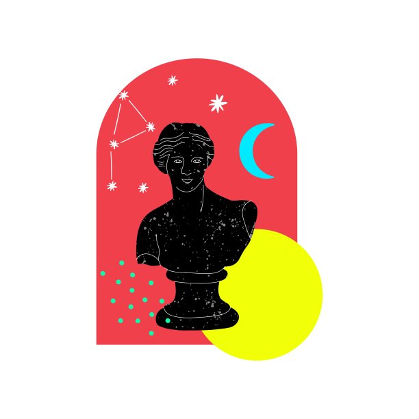 古董酸雕像。抽象的当代海报或版画。希腊或罗马雕塑，女人的头，几何和植物元素，矢量卡通平面风格孤立插图图片下载