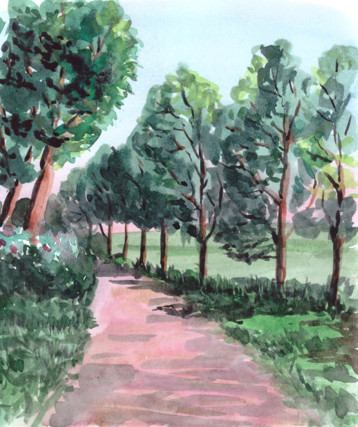 森林水彩景观插图图片下载