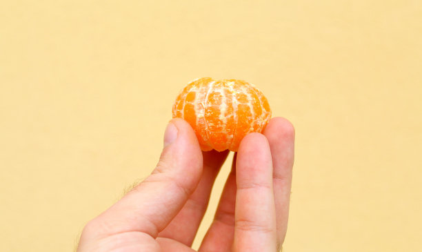 人手里拿着剥了皮的橘子/橘子。橙色热带水果背景图片下载