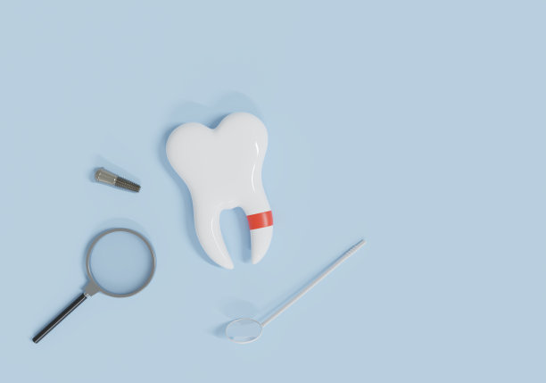 牙齿种植概念，白色的牙齿，和牙科工具在蓝色的背景。3 d渲染。图片下载