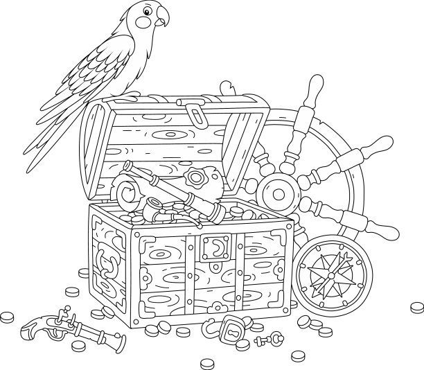 财宝箱和船舵上的海盗鹦鹉图片下载