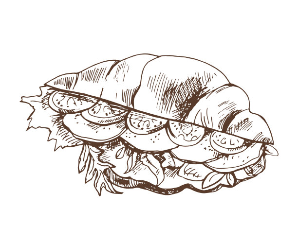 手绘水墨画的羊角面包填充生菜，奶酪和西红柿。矢量插图。菜单设计的食物元素。的早餐。图片下载