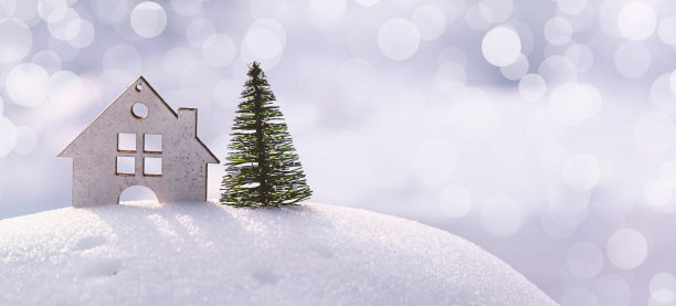 圣诞节冬季背景，旗帜-装饰圣诞树与房子在雪堆在冬季森林图片下载