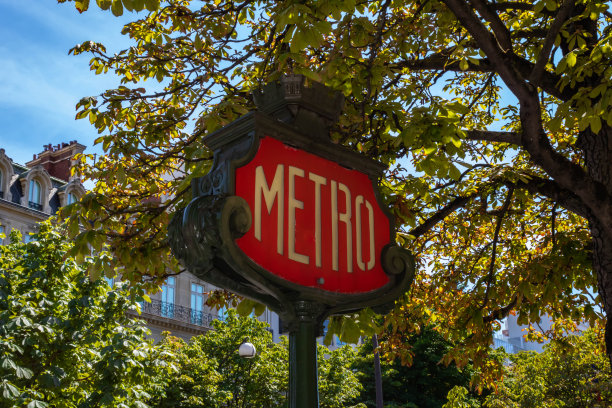 旧的巴黎地铁标志，树的背景图片下载