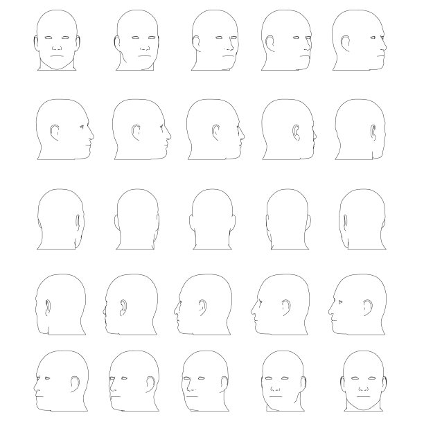 设置一个男人的头部轮廓在不同的位置从黑线孤立在一个白色的背景。头部转动15度。矢量插图。图片下载