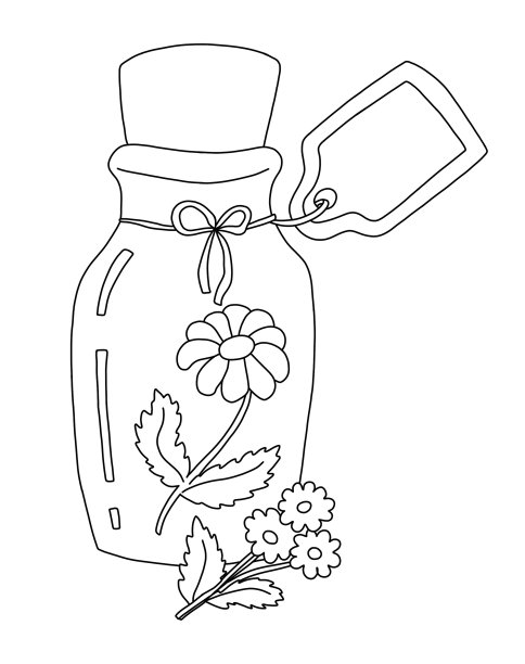 玻璃罐的轮廓，瓶塞，标签和菊花内图片下载