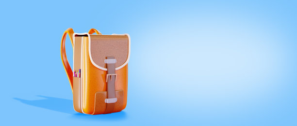 蓝色背景的铅笔书包。学校大学背包，拷贝空间，3d渲染。书包，返校理念图片下载