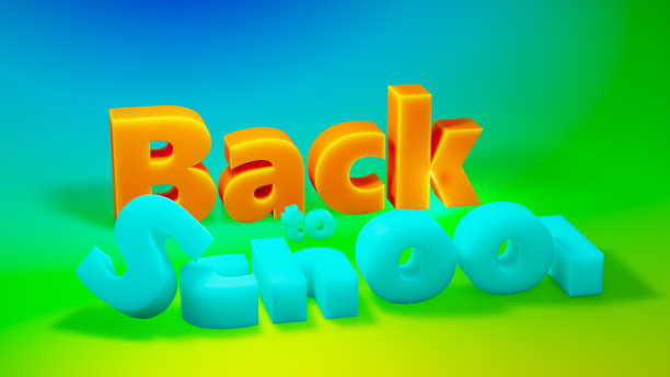 3d单词“回到学校”。彩色文字:回到学校，在彩虹背景上的3d渲染。图片下载