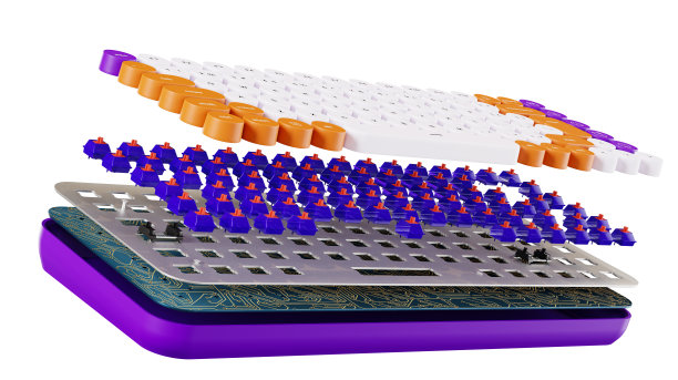 键盘切片，内部零件，3D渲染。可拆卸键盘，孤立在白色背景上。机械键盘零件:键帽，开关，垫片，PCB，底壳图片下载