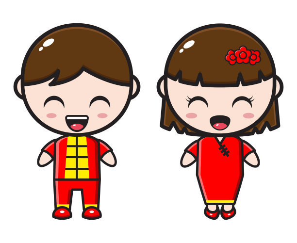 可爱的卡通情侣穿着旗袍图片下载