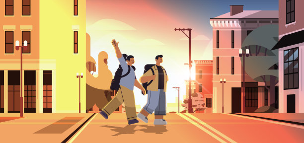 男人女人走在城市小镇的街道上年轻图片下载