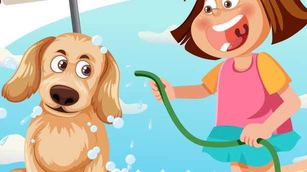 一个女孩正在给她的狗卡通洗澡图片下载