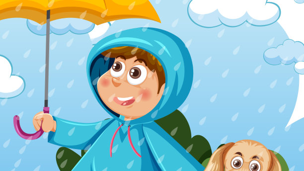 下雨天，一个穿着雨衣的女孩和一条狗图片下载