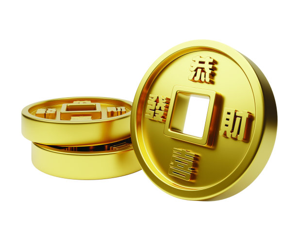 3D插画逼真的中国古代圆形方形孔金币，用于亚洲节日。图片下载