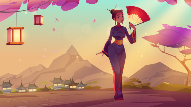 在古老的村子里，亚洲妇女穿着传统的和服图片下载