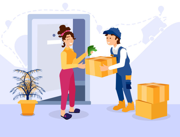 一个美丽的女人从快递员那里收到了她的订单。运输，运输从一个地方到一个地方和快速交货的概念。客户满意快乐，笑脸盈盈。图片下载