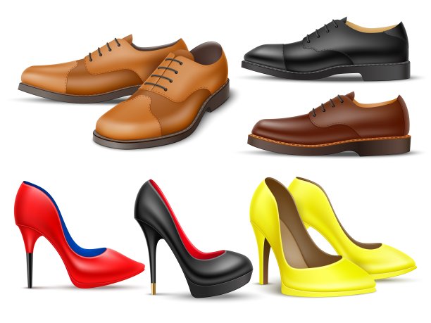现实的经典的鞋。男女隔离鞋，自然棕色和黑色皮靴绑带，红黑色和黄色高跟鞋，侧视对象，完全矢量集图片下载