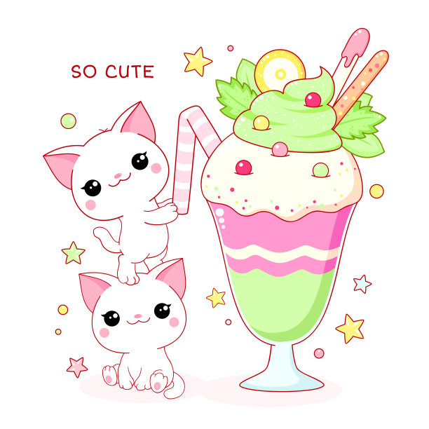 可爱美味的卡哇伊风格。两只可爱的猫和奶昔图片下载