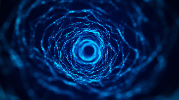 摘要基于蓝色背景的动态线框隧道。深波状虫洞。未来的粒子流动。3 d渲染。图片下载