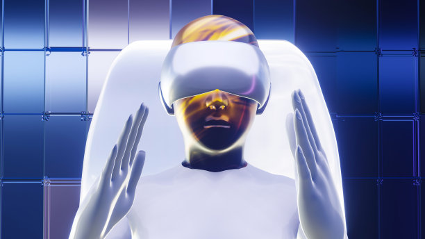 女性化身坐在白色的椅子上，戴着VR面具。图片下载