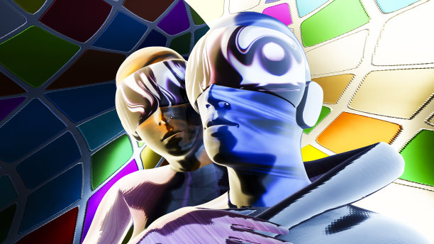 戴着虚拟现实面具的男性和女性角色图片下载