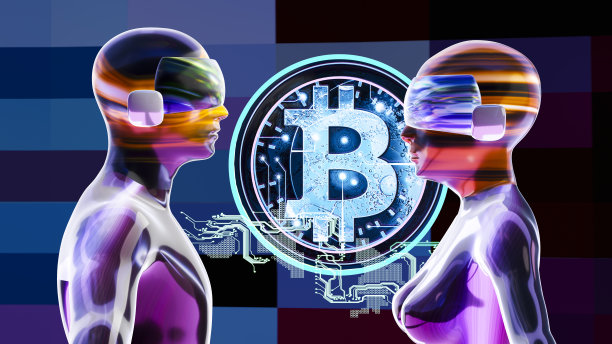 戴着VR面具的男性和女性虚拟人物，站在漂浮在元宇宙中的比特币霓虹灯前图片下载