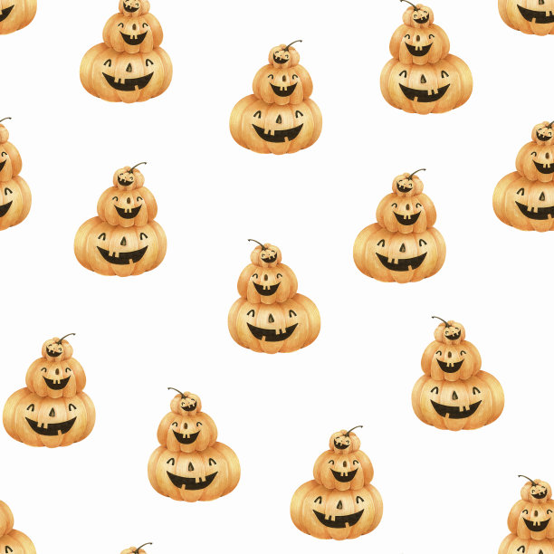 无缝图案万圣节节日橙色南瓜与鬼脸在白色的背景。图片下载