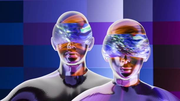 马赛克图案背景和男女戴VR面具图片下载