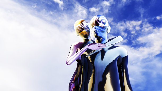 戴着虚拟现实面具的男性和女性角色图片下载