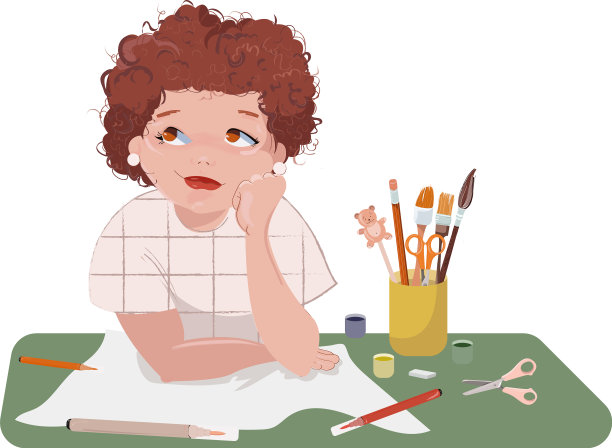 卷毛的艺术家女孩坐在桌子边做梦图片下载