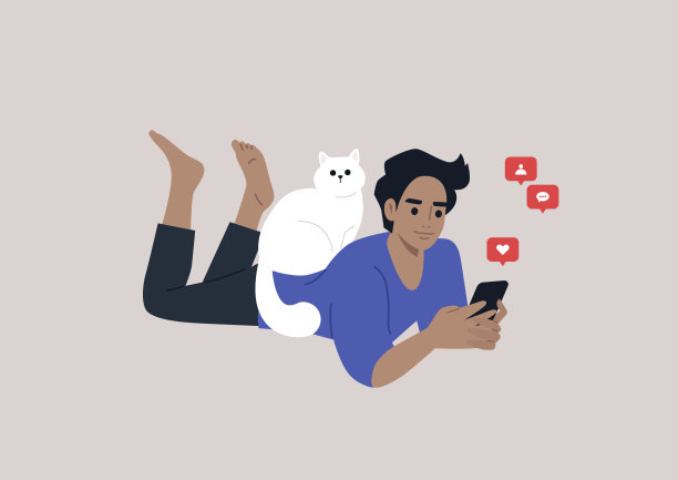 一个年轻的白人男性趴在地上查看手机通知，一只猫坐在他们的背上图片下载